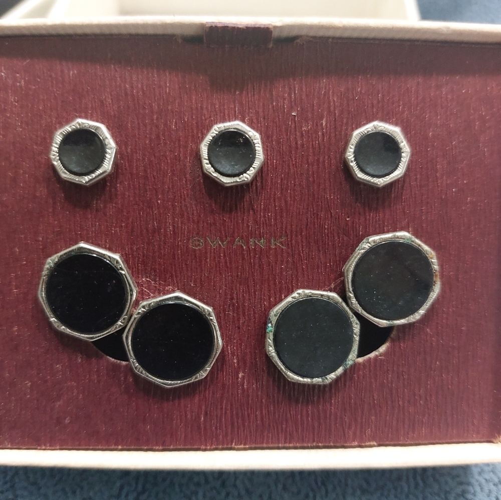 ​VTG Swank Art Deco Tuxedo Set | Octagon Onyx Cufflinks & Shirt Studs with Box